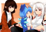  3girls absurdres animal_ears bare_shoulders black_hair black_legwear black_skirt blue_dress blue_eyes blue_hair blue_ribbon bow breasts cirno detached_sleeves dress dress_shirt fairy_wings hair_bow hand_on_another&#039;s_head highres huge_filesize ice ice_wings inubashiri_momiji large_breasts looking_at_another medium_breasts multiple_girls pointy_ears pom_pom_(clothes) red_eyes ribbon ribbon-trimmed_sleeves ribbon_trim shameimaru_aya shirokaba114 shirt short_hair silver_hair skirt sleeveless sleeveless_shirt tail touhou turtleneck white_shirt wings wolf_ears wolf_tail 