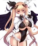  1girl :d angel angel_wings bangs black_gloves black_legwear black_leotard black_wings blonde_hair blush breasts commentary_request elbow_gloves eyebrows_visible_through_hair fallen_angel feathers frills gloves glowing hair_ribbon horns large_breasts leotard long_hair looking_at_viewer mole mole_on_breast open_mouth original red_eyes ribbon shrug_(clothing) simple_background smile solo thigh-highs thigh_strap thighs twintails untsue very_long_hair white_background white_ribbon wings 