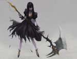  1girl axe bangs black_dress black_lipstick blunt_bangs blush cross cross_necklace dress floating grey_background gunpodo12 holding holding_axe holding_weapon jewelry lipstick long_hair makeup necklace original simple_background smile solo torn_clothes weapon yellow_eyes 