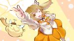  1girl animare blonde_hair brown_hair commentary_request hair_ornament inaba_haneru_(animare) instrument looking_up one_eye_closed pointing pointing_up solo trumpet twintails virtual_youtuber yellow_eyes 