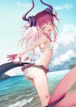  1girl :d ^_^ ass bikini blush closed_eyes clouds cloudy_sky day dragon_girl dragon_horns dragon_tail elizabeth_bathory_(fate) elizabeth_bathory_(fate)_(all) facing_viewer flat_chest horns leaning_forward long_hair ocean open_mouth outdoors outstretched_arms pink_hair pointy_ears scrunchie sky smile solo standing sunga2usagi swimsuit tail water white_bikini wrist_scrunchie 