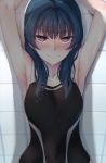  1girl armpits arms_up blue_hair competition_swimsuit highres long_hair looking_at_viewer love_live! love_live!_school_idol_project love_live!_sunshine!! nasuno_(nasuno42) one-piece_swimsuit shadow solo swimsuit tears tsushima_yoshiko violet_eyes wet wet_hair 