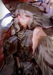  1girl aos armpits bare_shoulders black_dress blue_eyes blush breasts closed_mouth commentary_request detached_sleeves dress granblue_fantasy hair_between_eyes hat highres large_breasts long_hair looking_at_viewer magisa_(granblue_fantasy) silver_hair wavy_hair witch_hat 