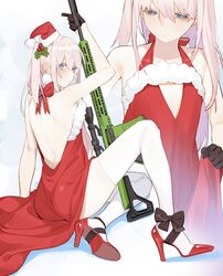  1girl ar-15 arm_support ass bangs bare_shoulders blue_eyes blush closed_mouth dress fur-trimmed_dress girls_frontline gloves gun hair_between_eyes hair_ornament half_gloves halter_dress hat high_heels holding juz long_hair looking_at_viewer multiple_views pink_hair red_dress red_footwear rifle santa_hat shoulder_blades sidelocks sitting solo st_ar-15_(girls_frontline) thigh-highs two_side_up weapon 