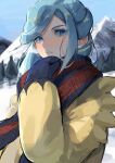  1boy absurdres aqua_eyes aqua_hair blush breath cold commentary_request day eyelashes grusha_(pokemon) highres jacket kompeito1217 long_hair long_sleeves male_focus mittens outdoors parted_lips pokemon pokemon_(game) pokemon_sv scarf sky solo striped striped_scarf upper_body yellow_jacket 