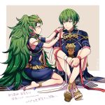  1boy 1girl barefoot braid byleth_(fire_emblem) byleth_eisner_(male) closed_mouth cosplay dress f_ico_e fire_emblem fire_emblem:_three_houses from_side green_eyes green_hair hair_ornament highres knees_up long_hair pointy_ears sandals short_hair single_braid sitting sothis_(fire_emblem) sothis_(fire_emblem)_(cosplay) tiara twitter_username 