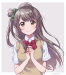  1girl bangs bow bowtie brown_eyes collared_shirt green_bow grey_background grey_hair hair_bow hands_together long_hair looking_at_viewer love_live! love_live!_school_idol_project minami_kotori one_side_up otonokizaka_school_uniform red_neckwear school_uniform shirt short_sleeves simple_background smile solo striped striped_neckwear surufuji sweater_vest twitter_username upper_body 