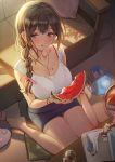  1girl ahoge ameyame backlighting bangs blush book braid breasts brown_eyes brown_hair collarbone couch eating fan food fruit grey_skirt hair_over_shoulder highres idolmaster idolmaster_shiny_colors jewelry kuwayama_chiyuki large_breasts long_braid long_hair looking_at_viewer necklace open_book open_mouth shirt short_sleeves single_braid sitting skirt solo sweat wariza watermelon white_shirt 