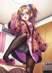  1girl :o aqua_eyes bangs black_legwear blue-framed_eyewear blush breasts brown_hair dress glasses gusset hachimaki hair_intakes hair_ornament hair_scrunchie headband indoors iya_na_kao_sare_nagara_kozukuri_sasete_moraitai japanese_clothes kotatsu leg_up long_hair long_sleeves looking_at_viewer miru_tights one_side_up open_mouth panties pantyhose parted_bangs pink_sweater scrunchie sidelocks solo sweater sweater_dress table tenkuu_nozora thighband_pantyhose underwear v-shaped_eyebrows white_panties 