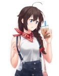  1girl alternate_costume bare_shoulders blue_eyes blush braid brown_hair bubble_tea commentary english_commentary hair_between_eyes hair_over_shoulder hair_ribbon kantai_collection open_mouth overalls red_ribbon ribbon saruno_(eyesonly712) shigure_(kantai_collection) shirt simple_background single_braid sleeveless sleeveless_shirt solo suspenders_pull upper_teeth white_background white_shirt 