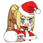  1girl :d animal_ears blonde_hair blue_eyes blush_stickers centaur centorea_shianus chibi christmas commentary english_commentary hat highres horse_ears loen-lapae long_hair long_ponytail long_sleeves meme monster_musume_no_iru_nichijou open_mouth padoru ponytail red_headwear sack santa_costume santa_hat simple_background smile solo standing white_background 