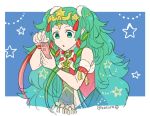  1girl braid cellphone fire_emblem fire_emblem:_three_houses fire_emblem_heroes fur_trim green_eyes green_hair hair_ornament holding holding_phone juria0801 long_hair open_mouth phone pointy_ears smartphone solo sothis_(fire_emblem) tiara twin_braids twitter_username upper_body 