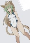  1girl ahoge animal_ear_fluff animal_ears arms_behind_back atalanta_(fate) blonde_hair breasts cat_ears cat_tail competition_swimsuit fate/grand_order fate_(series) green_eyes green_hair grey_background groin groin_tendon long_hair multicolored_hair nahu one-piece_swimsuit sketch small_breasts solo swimsuit tail 