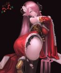  1girl absurdres ass bangs bare_shoulders black_background black_gloves black_legwear blue_eyes blush breasts christmas commentary_request draph dress fur_trim gloves granblue_fantasy hair_ornament high_heels highres horns large_breasts leg_up long_hair looking_at_viewer looking_back narmaya_(granblue_fantasy) pink_hair pointy_ears red_dress signature solo thighs torn_clothes torn_legwear very_long_hair wide_sleeves youximiaomiao 