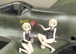  2girls :o a9b_(louis814) absurdres arm_support ass_visible_through_thighs blonde_hair breasts character_name covered_navel erica_hartmann fw_190 heart highres kneeling looking_at_viewer multiple_girls one_eye_closed paint_on_body paint_on_face paintbrush rimless_eyewear school_swimsuit short_hair siblings sisters sitting small_breasts smile strike_witches swimsuit twins ursula_hartmann world_witches_series 