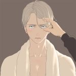  2boys blue_eyes brown_background hand_on_another&#039;s_face jewelry katsuki_yuuri male_focus multiple_boys open_mouth ring silver_hair solo_focus tears towel towel_around_neck upper_body viktor_nikiforov yuri!!!_on_ice yuuhei 