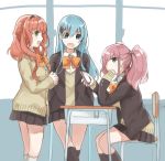  3girls :d alternate_costume aqua_hair atlanta_(kantai_collection) black_legwear black_skirt blue_eyes brown_hairband brown_jacket cardigan cellphone chair cowboy_shot de_ruyter_(kantai_collection) desk earrings hairband holding holding_phone jacket jewelry kantai_collection kneehighs long_hair looking_at_another looking_at_viewer mitsuyo_(mituyo324) multiple_girls open_mouth phone pink_hair pleated_skirt redhead remodel_(kantai_collection) school_uniform sitting skirt sleeves_past_wrists smartphone smile standing star star_earrings suzuya_(kantai_collection) twintails white_legwear 