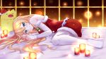  1girl akai_haato bangs bare_shoulders bell blonde_hair blue_eyes candle christmas closed_mouth detached_sleeves eyebrows_visible_through_hair fetal_position haaton_(haato_channel) hat hololive jingle_bell long_hair looking_at_viewer lying on_side pantyhose rorimiko-yahoo santa_costume santa_hat smile solo stuffed_animal stuffed_toy virtual_youtuber white_legwear 