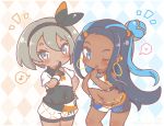  2girls argyle argyle_background armlet belly_chain black_bodysuit black_hair black_hairband blue_eyes blue_eyeshadow blue_hair blush_stickers bodysuit bodysuit_under_clothes chibi commentary_request covered_navel cowboy_shot dark_skin earrings eyeliner eyeshadow finger_to_mouth gloves grey_eyes grey_hair gym_leader hair_between_eyes hair_bun hairband hand_on_hip heart hoop_earrings jewelry leaning_forward long_hair looking_at_viewer makeup midriff mitarashi_neko_(aamr7853) multicolored_hair multiple_girls musical_note navel notice_lines number one_eye_closed pokemon pokemon_(game) pokemon_swsh print_shorts rurina_(pokemon) saitou_(pokemon) shirt short_hair short_sleeves shorts sidelocks single_glove sleeveless smile spoken_heart spoken_musical_note sportswear swimsuit tankini tied_shirt twitter_username two-tone_background two-tone_gloves two-tone_hair wristband 