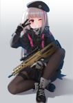  1girl bangs beret black_legwear commentary eyebrows_visible_through_hair girls_frontline gloves grey_hair gun hat highres holding holding_gun holding_weapon kurisu-kun long_hair looking_at_viewer mdr_(girls_frontline) multicolored_hair one_eye_closed one_side_up pantyhose pink_eyes revision solo streaked_hair tactical_clothes weapon 