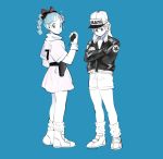  2019 2girls :/ :d bare_legs baseball_cap black_jacket blue_background blue_eyes blue_hair blue_theme boots braid bulma character_name clothes_writing cool_gelato crossed_arms dated dragon_ball dragon_ball_(classic) dragon_radar dress dual_persona eyelashes fanny_pack frown gloves hair_ribbon happy hat holding jacket legs_apart looking_at_viewer looking_down multiple_girls number open_mouth red_ribbon ribbon shirt shoes short_dress short_hair short_sleeves shorts side-by-side simple_background single_braid smile sneakers socks spot_color standing straight_hair striped striped_dress white_theme 