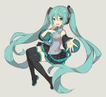  1girl :d ame8desu bare_shoulders black_legwear black_skirt blue_eyes blue_hair blue_neckwear breasts collared_shirt detached_sleeves eyebrows_visible_through_hair floating_hair full_body grey_background grey_shirt hair_between_eyes hand_on_own_chest happy hatsune_miku headset knees_together_feet_apart long_hair looking_at_viewer necktie open_mouth outstretched_hand palms pleated_skirt round_teeth shaded_face shiny shiny_hair shiny_legwear shirt sidelocks simple_background skirt sleeveless sleeveless_shirt small_breasts smile solo teeth thigh-highs tongue twintails upper_teeth v-shaped_eyebrows very_long_hair vocaloid zettai_ryouiki 