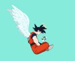  1boy 2019 angel_wings aqua_background black_eyes black_hair closed_mouth clothes_writing clouds commentary_request cool_gelato dated dougi dragon_ball dragon_ball_z earth floating from_side full_body giant halo hands_on_lap happy looking_down male_focus planet profile simple_background smile son_gokuu spiky_hair wings 