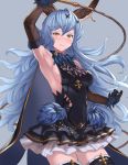  1girl animal_ears aqua_(popogori) arm_up armpits bare_shoulders black_dress blue_cape blue_hair blush breasts cape commentary_request covered_navel curly_hair dress elbow_gloves erune ferry_(granblue_fantasy) frown gloves granblue_fantasy grey_background hair_between_eyes hair_ornament hairclip holding_whip jewelry long_hair looking_at_viewer medium_breasts sideless_outfit simple_background single_earring skin_tight solo very_long_hair x_hair_ornament yellow_eyes 