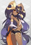  1girl ass bare_shoulders black_gloves black_hair dark_skin elbow_gloves eyebrows_visible_through_hair flat_chest gloves hair_between_eyes hair_ornament highres itsumo_nokoru long_hair looking_at_viewer neftim solo twintails very_long_hair world_flipper yellow_eyes 