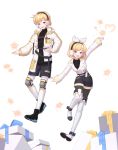  1boy 1girl :d absurdres arm_up belt black_footwear black_legwear black_shirt black_shorts blcackup blue_eyes boots bow christmas earmuffs gift hair_bow hand_on_hip highres kagamine_len kagamine_rin knee_pads long_sleeves open_mouth pantyhose shirt short_hair shorts simple_background smile snowflakes standing thigh-highs thigh_boots vocaloid white_background white_bow white_coat white_legwear 