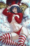  1girl ahri animal_ears breasts christmas commentary english_commentary facial_mark fox_ears fox_tail hat highres league_of_legends lips multiple_tails navel no_bra panties red_panties santa_hat sciamano240 solo striped striped_legwear tail thigh-highs toned underwear whisker_markings yellow_eyes 