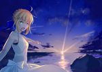  1girl absurdres ahoge artoria_pendragon_(all) bare_shoulders blonde_hair blue_ribbon bow braid clouds cowboy_shot dress er_ci_gudu fate/grand_order fate/stay_night fate_(series) french_braid green_eyes hair_between_eyes highres looking_at_viewer pointing ribbon rock saber smile solo sunset 