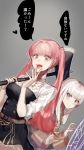  2girls absurdres axe belt fire_emblem fire_emblem:_three_houses garreg_mach_monastery_uniform grey_background highres hilda_valentine_goneril holding holding_axe ichimonjikun2 long_hair long_sleeves lysithea_von_ordelia magic_circle multiple_girls open_mouth pink_eyes pink_hair short_sleeves simple_background twintails uniform white_hair 