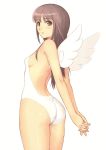  1girl absurdres angel angel_wings arms_behind_back ass bangs bare_arms bare_shoulders blush breasts brown_eyes brown_hair eyebrows_visible_through_hair fingernails highres interlocked_fingers leotard long_hair looking_at_viewer looking_back mini_wings original parted_lips scan shiny shiny_hair shiny_skin simple_background small_breasts solo strapless strapless_leotard tanaka_takayuki thighs white_background white_leotard wings 