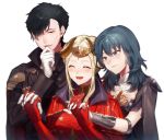  1boy 2girls absurdres black_hair blonde_hair blue_eyes blue_hair byleth_(fire_emblem) byleth_eisner_(female) closed_eyes closed_mouth cute edelgard_von_hresvelg female_my_unit_(fire_emblem:_three_houses) fire_emblem fire_emblem:_three_houses fire_emblem:_three_houses fire_emblem_16 friends gloves hair_over_one_eye happy headpiece highres holding_hands horns hubert_von_vestra ichimonjikun2 intelligent_systems long_sleeves medium_hair multiple_girls my_unit_(fire_emblem:_three_houses) nintendo open_mouth short_hair simple_background super_smash_bros. upper_body white_background white_gloves 