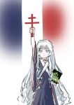  1girl artist_request blue_dress blue_eyes cross dress french_flag girls_frontline highres long_hair parody pose ribeyrolles_1918_(girls_frontline) solo white_hair world_war_ii 