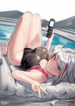  bare_legs blue_eyes blush girls_frontline heterochromia mdr_(girls_frontline) multicolored_hair pink_eyes shiny shiny_skin shirosaba silver_hair smile swimsuit two-tone_hair 