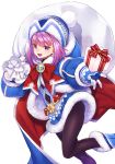  1girl ankh badge bangs beanie belt black_legwear blue_coat blue_footwear blue_gloves blue_headwear blush boots bow box coat fate/grand_order fate/grand_order_arcade fate_(series) fur-trimmed_coat fur-trimmed_dress fur_trim gift gift_box gloves hat helena_blavatsky_(christmas)_(fate) helena_blavatsky_(fate/grand_order) highres hooded_coat large_bow long_sleeves looking_at_viewer matsuryuu open_clothes open_coat open_mouth outstretched_arm pantyhose purple_hair red_bow sack short_hair simple_background smile solo thighs violet_eyes white_background 