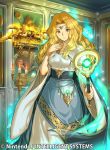  1girl blonde_hair bracelet candle closed_mouth company_name copyright_name dress edain_(fire_emblem) fire_emblem fire_emblem:_genealogy_of_the_holy_war fire_emblem_cipher holding holding_staff jewelry long_hair long_sleeves official_art solo staff tenshu_(mighto) wide_sleeves yellow_eyes 
