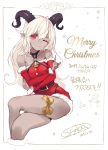  1girl ;) artist_name bangs bare_shoulders belt black_belt christmas crossed_legs dark_skin dated demon_girl detached_sleeves dress fur-trimmed_dress fur-trimmed_sleeves fur_trim hair_between_eyes halterneck highres horns index_finger_raised long_hair looking_at_viewer merry_christmas o-ring one_eye_closed original pointy_ears red_dress red_eyes red_sleeves ribbon sanbasou short_dress sitting smile solo strapless strapless_dress thigh_ribbon thighs very_long_hair white_hair yellow_ribbon 