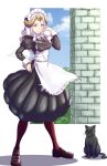  1girl absurdres cat closed_mouth edelgard_von_hresvelg fire_emblem fire_emblem:_three_houses full_body gzo1206 headpiece highres horns long_sleeves maid maid_headdress red_legwear shoes solo violet_eyes white_hair 