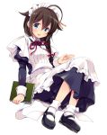  1girl apron blue_eyes blush braid brown_hair dress frills full_body hair_flaps hair_over_shoulder kantai_collection long_hair looking_at_viewer maid maid_apron maid_cap maid_headdress odawara_hakone open_mouth red_ribbon ribbon shigure_(kantai_collection) simple_background sitting skirt smile solo victorian_maid waist_apron white_background 