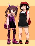  2girls adapted_costume backpack bag bare_legs black_dress black_hair black_overalls brown_hair cabbie_hat capelet contemporary dilated_pupils dress garter_straps hair_between_eyes hairband hands_in_pockets hat high_tops himekaidou_hatate long_sleeves looking_at_viewer multicolored multicolored_clothes multicolored_legwear multiple_girls overall_shorts overalls pigeon-toed pink_footwear platform_footwear pom_pom_(clothes) purple_hairband purple_neckwear red_backpack red_footwear red_headwear shameimaru_aya shimizu_pem shirt shoes short_hair short_hair_with_long_locks smile sneakers t-shirt thigh-highs touhou v-shaped_eyebrows white_shirt 