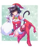  1girl animal_ears bell black_hair blake_belladonna boots cat_ears cat_tail christmas christmas_dress cleavage_cutout elbow_gloves fang fur-trimmed_gloves fur_trim gloves hat highres iesupa neck_ribbon red_gloves ribbon rwby sack santa_boots santa_costume santa_hat short_hair solo tail thigh-highs thigh_boots yellow_eyes 