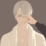  2boys blue_eyes brown_background hair_over_one_eye hand_on_another&#039;s_face jewelry katsuki_yuuri male_focus multiple_boys ring sad silver_hair solo_focus tears towel towel_around_neck upper_body viktor_nikiforov yuri!!!_on_ice yuuhei 