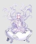  1girl armor bare_shoulders blush breasts closed_mouth crown dress eyebrows_visible_through_hair floating floating_hair katagiri_hachigou lavender_dress lavender_hair light_blush long_hair original pink_eyes sideboob simple_background sitting solo 