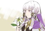  1girl closed_mouth fire_emblem fire_emblem:_three_houses flower hair_ornament holding holding_flower long_hair lysithea_von_ordelia pink_eyes popioka protected_link simple_background solo upper_body white_hair 