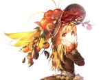  1girl apple autumn_leaves bangs belt black_dress black_headwear blonde_hair blush chestnut commentary_request dress eyebrows_visible_through_hair food from_side fruit hand_on_own_cheek hand_up hat_ornament highres leaf leaf_trim long_hair long_sleeves looking_at_viewer looking_to_the_side original solo tomato upper_body user_kgck7432 yellow_eyes 