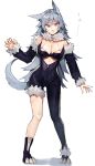  1girl animal_ears bare_shoulders black_footwear claw_pose eyebrows_visible_through_hair fang fur_trim grey_hair hair_between_eyes highres kasuka_(kusuki) long_hair mismatched_legwear open_mouth orange_eyes original scar scratches slit_pupils solo standing tail wolf_ears 