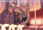  3girls absurdres beret casual cellphone closed_eyes commentary_request drill_hair dusk hair_between_eyes hair_ornament hair_ribbon hat highres hololive horns kugatsu_tooka long_hair minato_aqua multiple_girls murasaki_shion nakiri_ayame open_mouth phone ribbon saliva scarf silver_hair sitting thigh-highs train_interior twin_drills virtual_youtuber window 